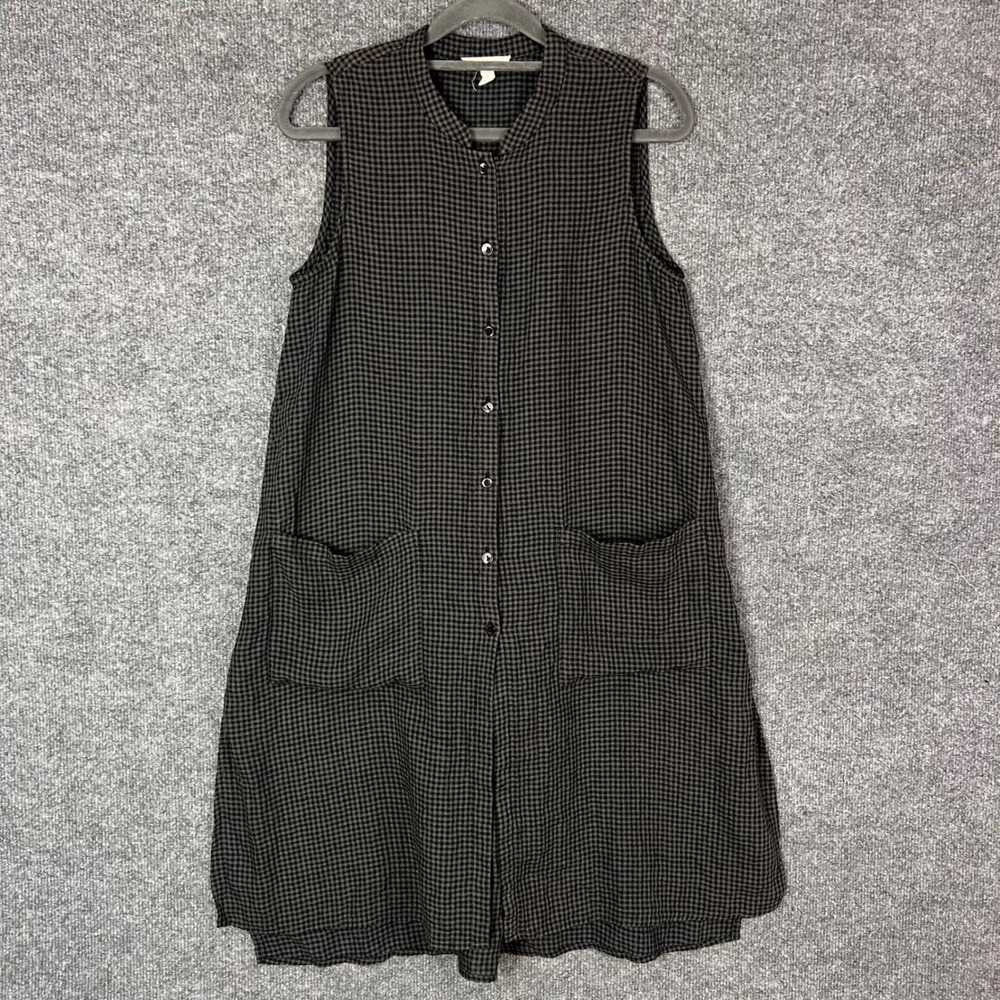 Eileen Fisher Gingham Tunic Dress Womens PP Black  Sleeveless Linen